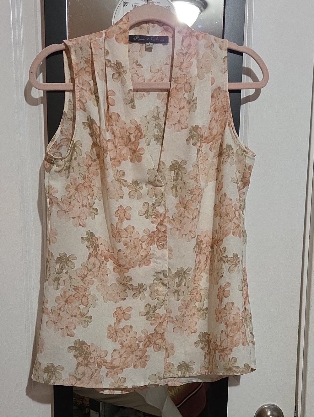 Rose & Olive Cream Floral Sleeveless V-Neck Camisole with Blush Accents